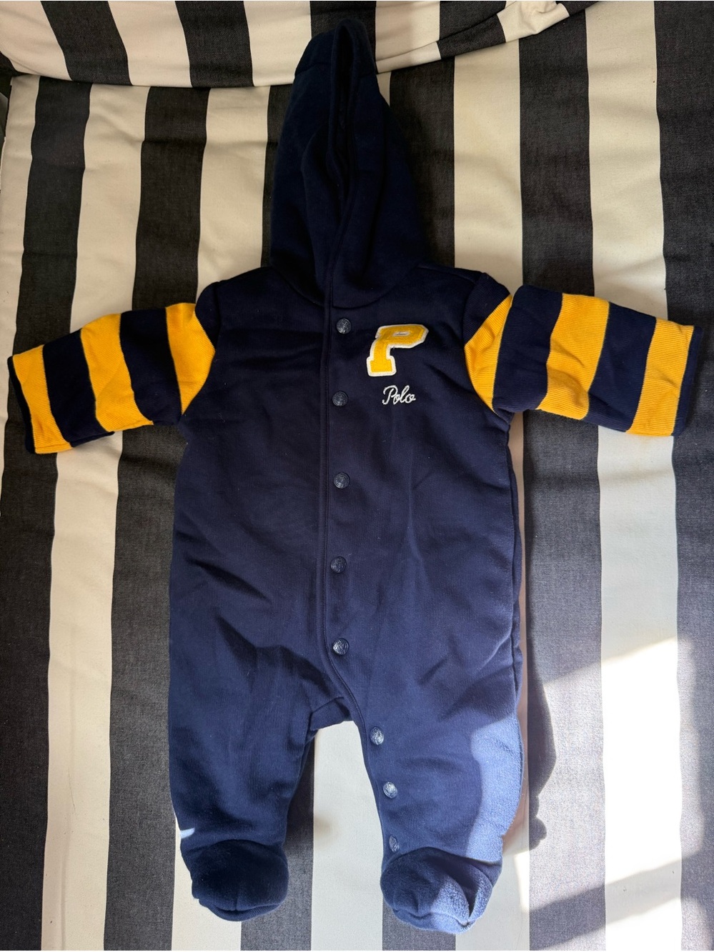 Polo by Ralph Lauren Rugby Navy One-Piece Bunting with Yellow Striped Sleeves
